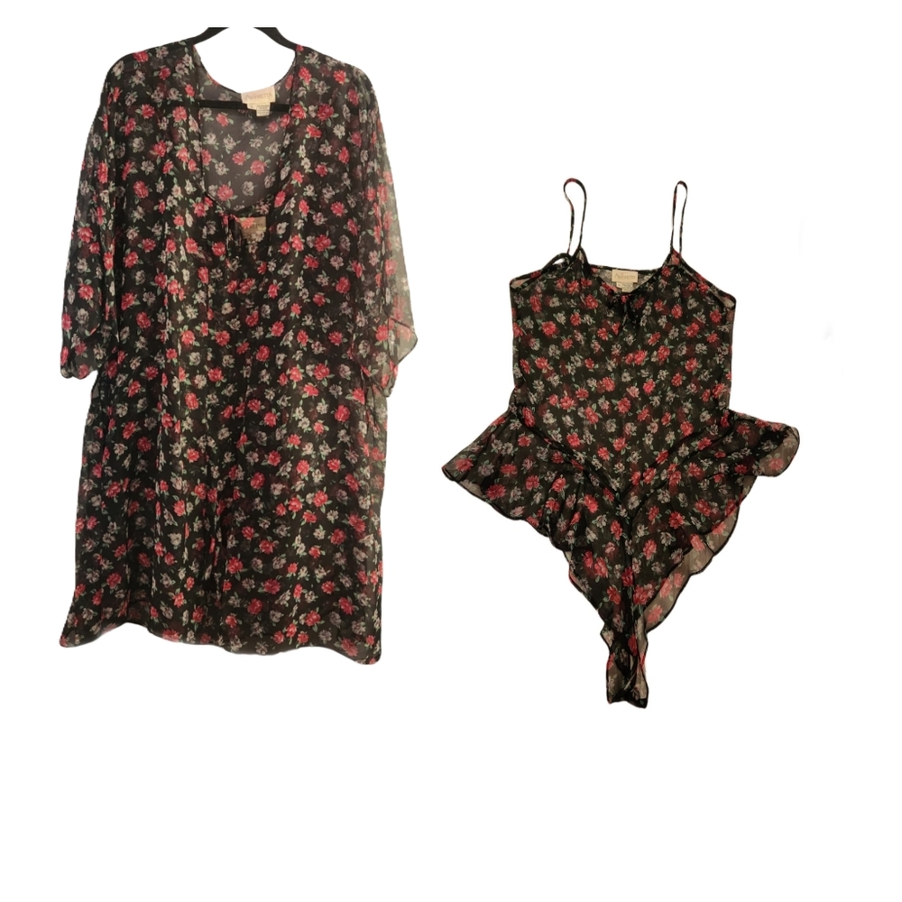 Amaretto vintage sheer floral large set lingerie   2 piece baby doll robe